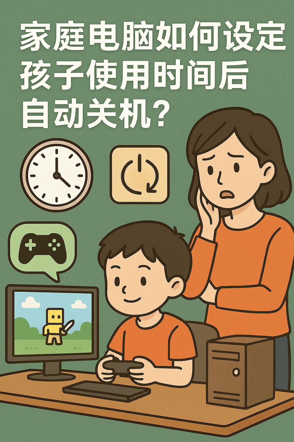 家庭电脑如何设定孩子使用时间后自动关机?